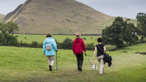 Three walkers with Thorpe Cloud in the distance at Ilam Park, Dovedale and the White Peak.